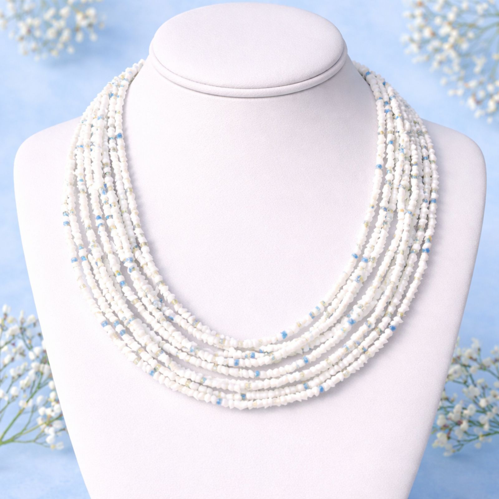 Vintage White Beaded Multi Strand Beaded Choker With Blue Accents